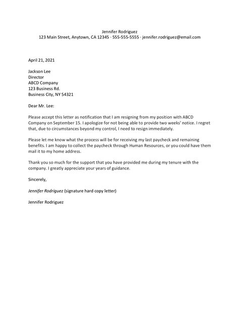 resignation letter without notice.
